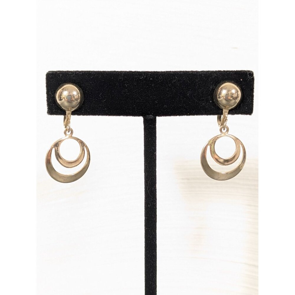 Vintage Gold Tone MOD Round Disc Circle Charm Screw‎ Back Clip Earrings